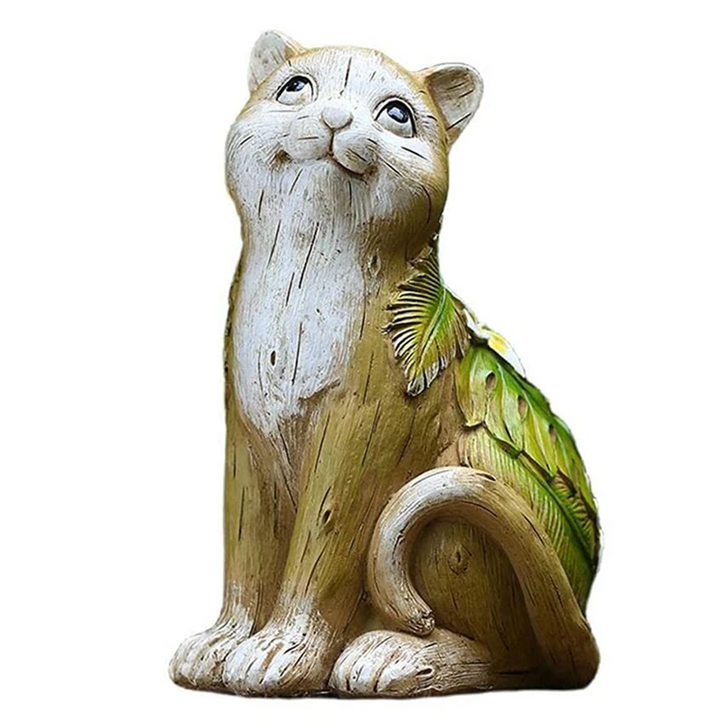 

NEW-Garden Statue Cat With Leaves And Flowers, Outdoor Art Kitten Statue Ornament For Patio Porch Indoor Animal Sculpture