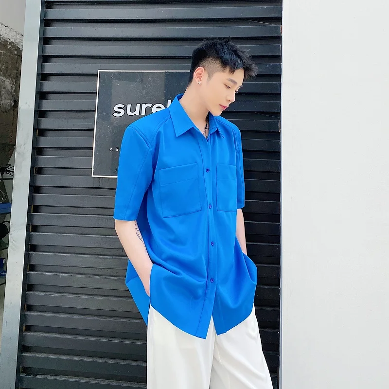 Флуоресцентная желтая синяя мужская рубашка с коротким рукавом корейская мода