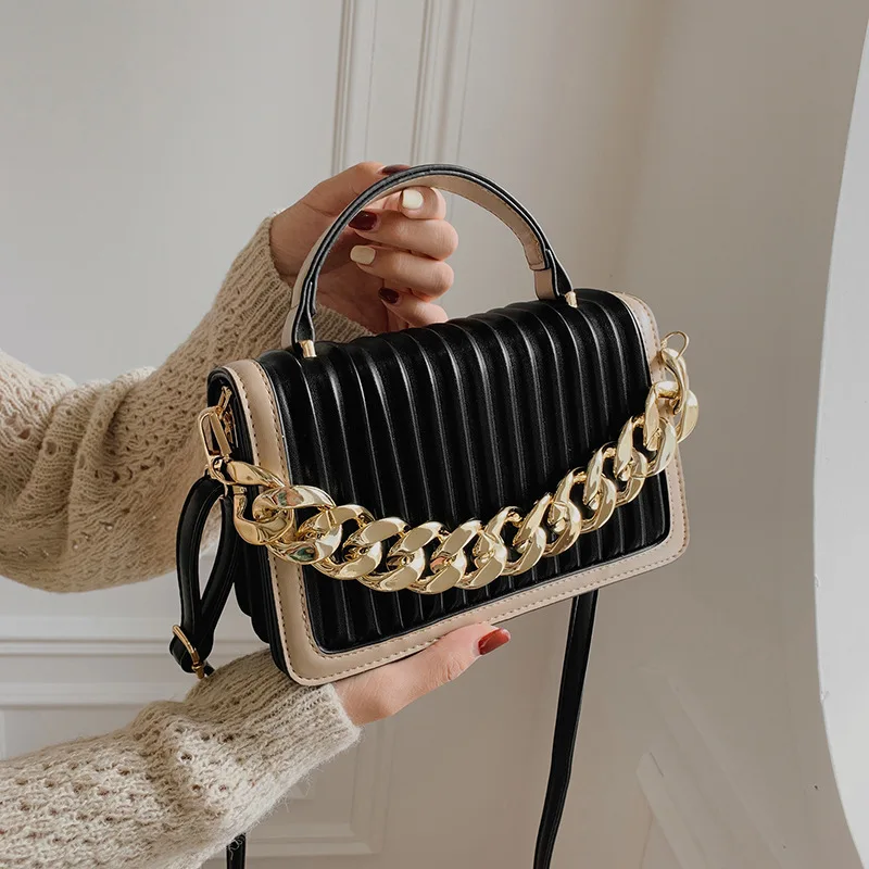 

Женская квадратная сумка через плечо, модная однотонная сумка знаменитого бренда Cc со складками и толстой цепочкой, 2022