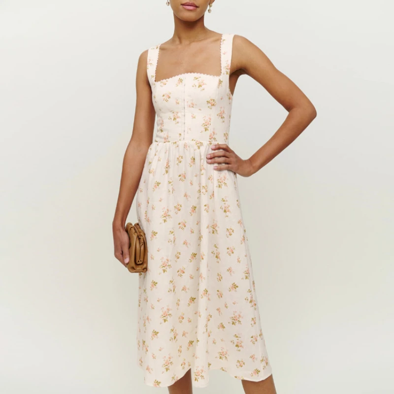 

2023 Summer New Floral Square Neck Strap Mid Length Ladies Dress