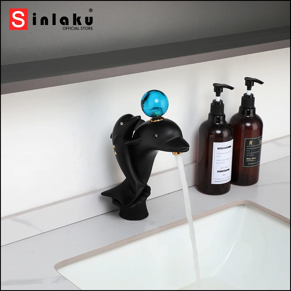 

SINLAKU Unique Dolphin Shaped Bathroom Basin Faucet Matte Black With Sphere Handle Hot And Cold Water Deck Mounted Mixer Taps
