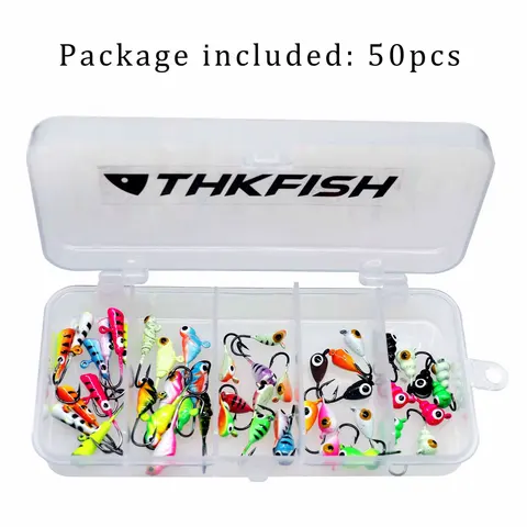 Thkfish anzóis de pesca no gelo, 50 peças de anzóis de pesca no gelo de inverno 1.3g-1.8g isca dura balanceador conjunto de iscas de peixe para inverno anzol de pesca