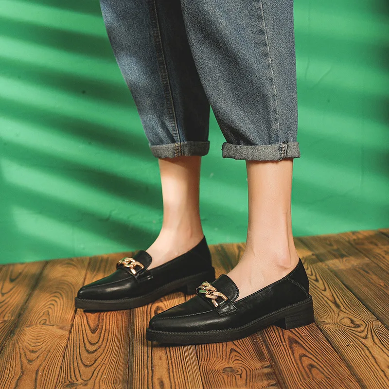 Women Flats Thick Heels Loafers Preppy Girls Small Leather Shoes Woman Bullock British Pointed Toe Oxford Shoes