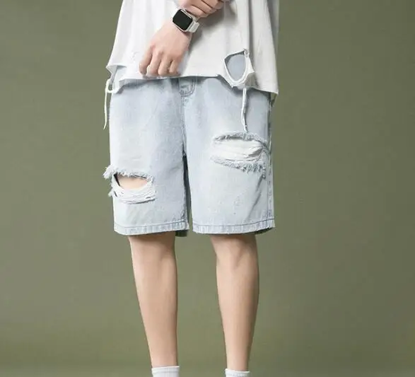 

Men's Denim Light-colored Shorts Straight Loose Korean Style Trend Summer Ripped Five-point Mid-pants Men