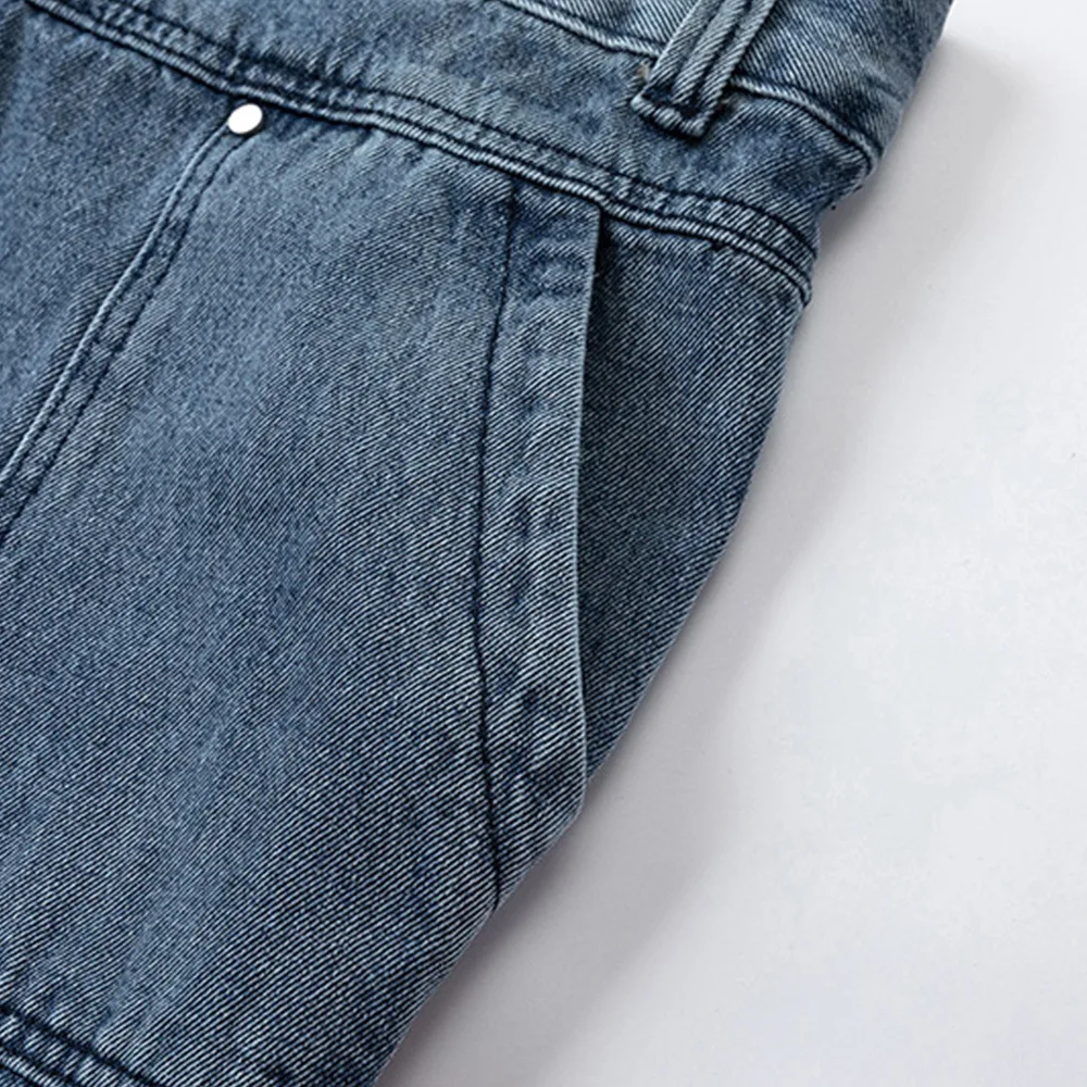 Blue Mens Loose Cargo Jeans Fashion Side Zip Pockets Washed Baggy Denim Pants High Street Hip Hop Vintage Ripped Jean Oversized