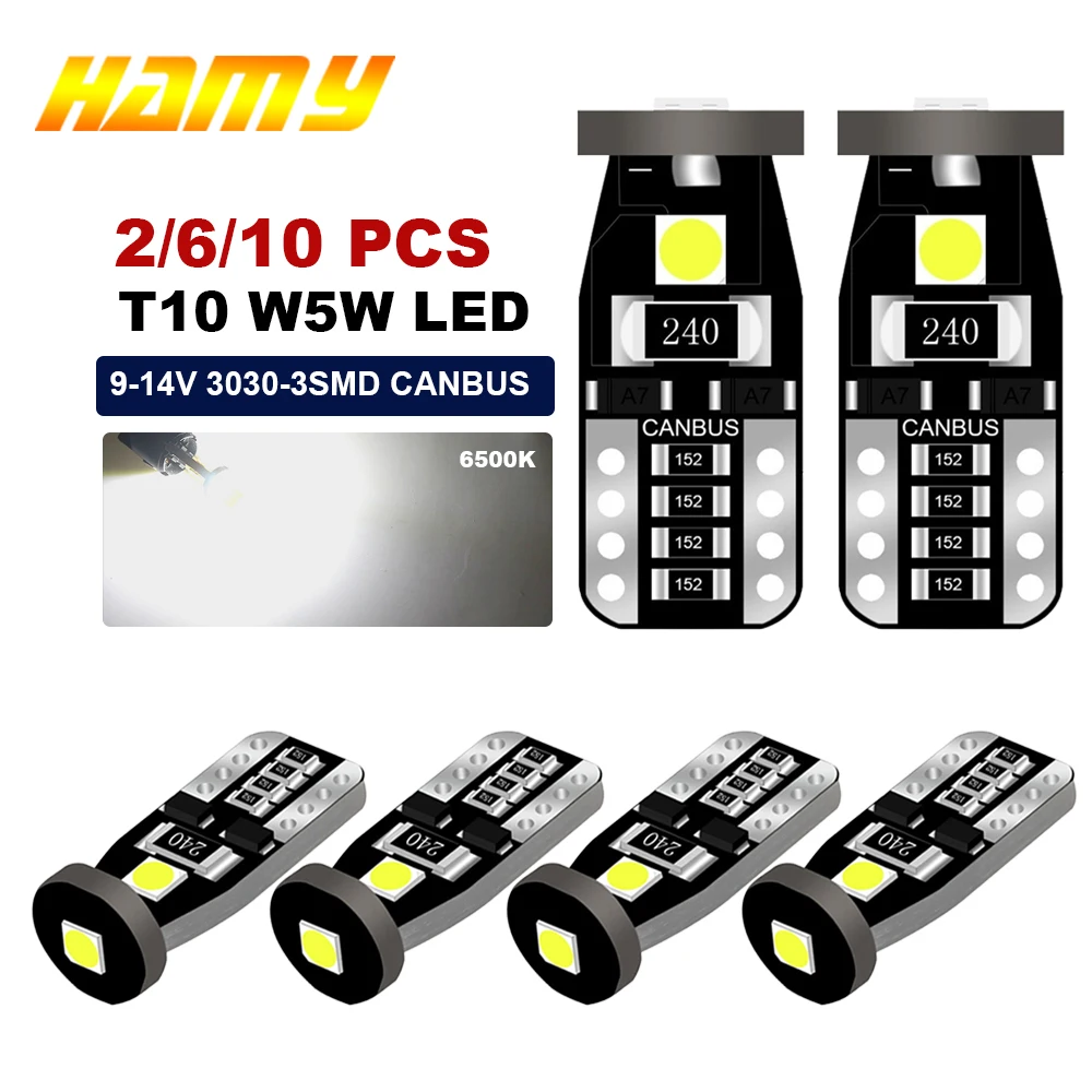 Супер яркие светодиодные лампы T10 W5W Canbus для внутреннего стекла двери автомобиля