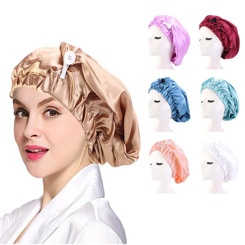 

Women Sleeping Caps Bathroom Satin Solid Color Stretch Bonnets Hair Hat for Daily Use and Beauty