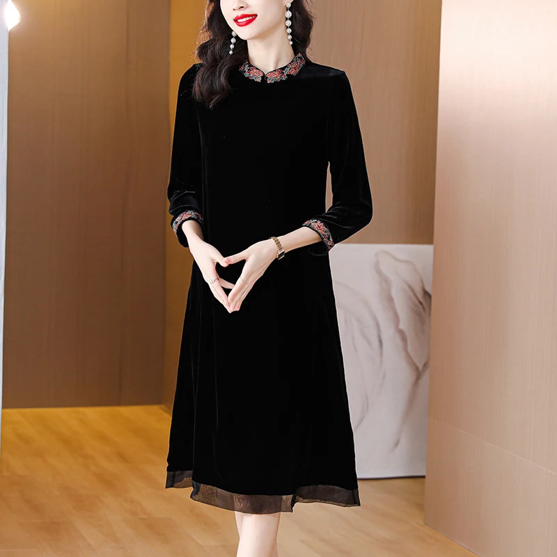 Черное Фланелевое шикарное кружевное платье-миди с расклешенным рукавом женское