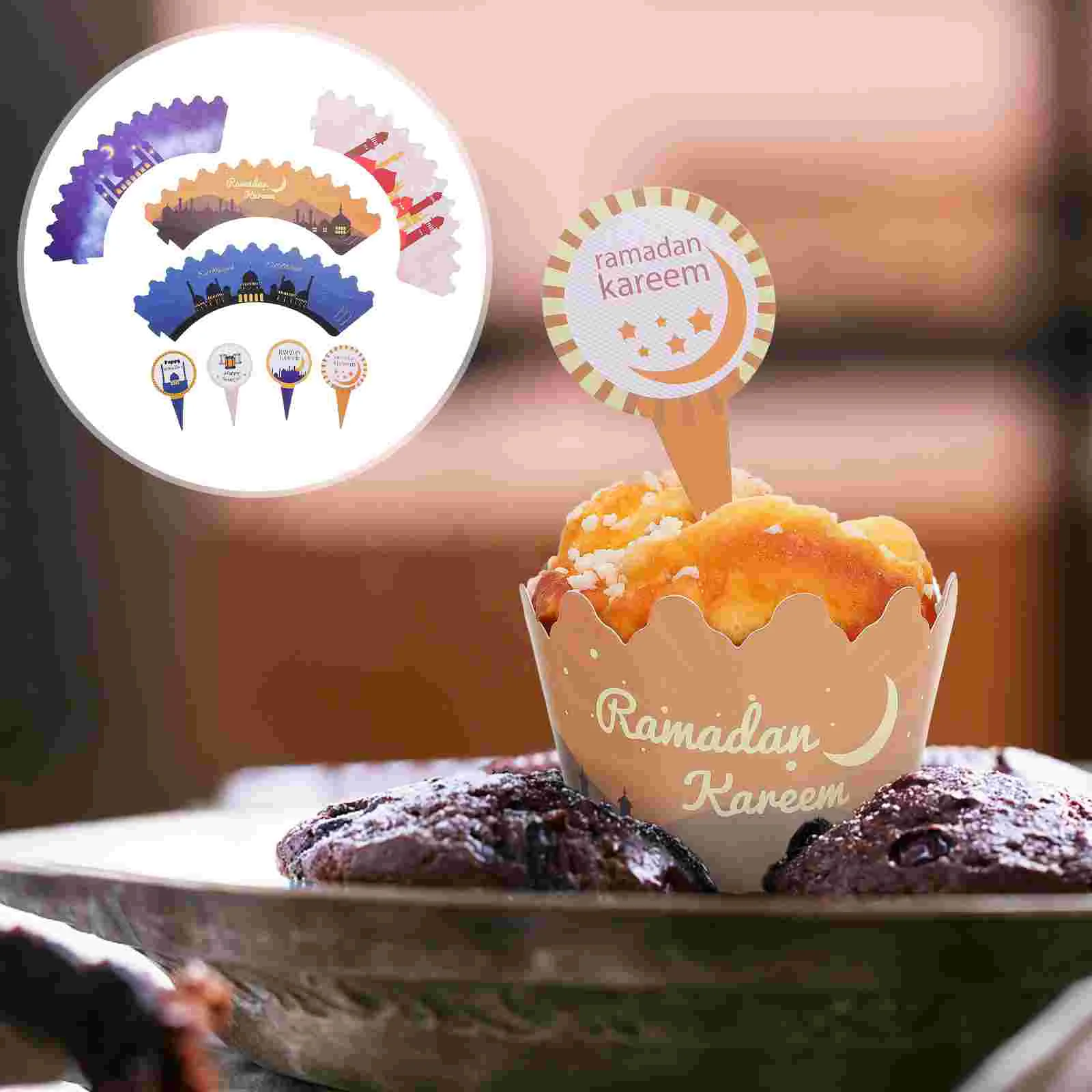 

24 Sets Eid Mubarak Cake Insertion Wrappers Islamic Muslim Party Cake Decoration
