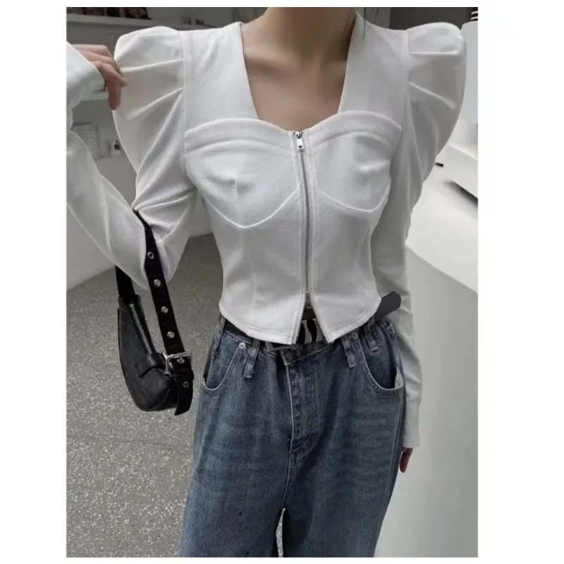 

V Neck Solid Color Puff Long Sleeve Design Sense Top Y2k Korean Spring Trendy Vintage Tees Double Zipper Slim Women T-shirts