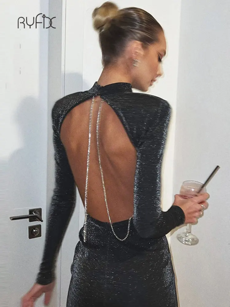 

New Sexy Backless Chain Glitter Party Dress for Women Clothes Vestido Elegant Outfits Long Sleeve Mini Party Club Dress Bodycon