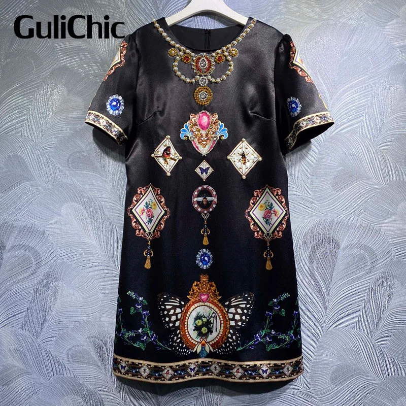 

5.19 GuliChic Women Fashion Design Gorgeous Crystal Pearls Beading Decoration Vintage Print Short Sleeve Dress