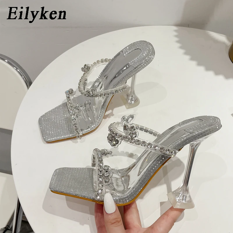 

Eilyken 2022 New Women Slippers Summer Rhinestone Square Toe Crystal Strange High Heels Female Shoes Fashion Party Footwear