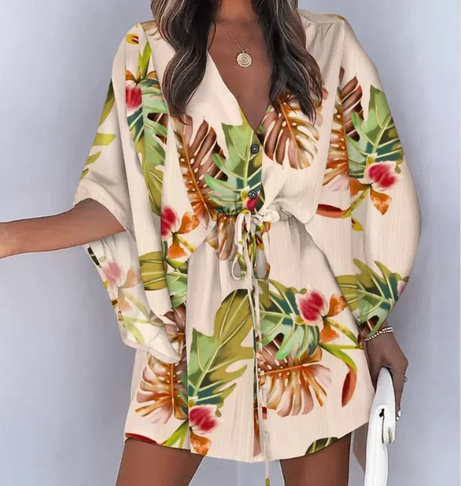 

Women's Fashion Print Shirt Dress Lady Long Puff Sleeve V-Neck High Waist Dress