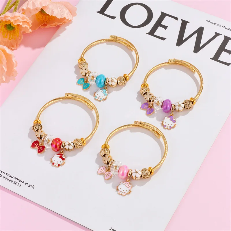 Золотые браслеты XiaoboACC из нержавеющей стали для женщин и девочек, милые Мультяшные браслеты с открытыми бусинами в виде кошки КТ