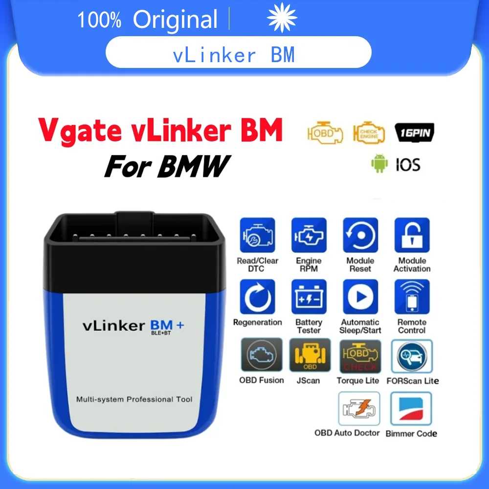 Фото Vgate vLinker BM ELM327 для сканера BMW Wi-Fi Bluetooth 4,0 OBD2 OBD 2, диагностический инструмент для автоматического сканирования автомобиля Bimmercode ELM 327 V1.5 V1 5 №1