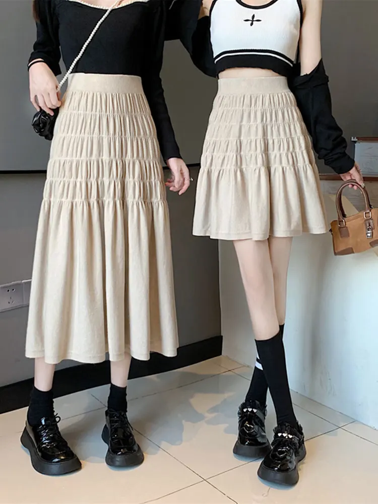 

SURMIITRO корейская мода плотная теплая однотонная вязаная средней длины длинная Плиссированная юбка для женщин на зиму с высокой талией трапе...