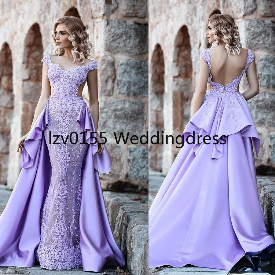 Mermaid Evening Dresses Glamorous Lavender Prom Dress With Overskirt Beads Lace Applique Zipper Backless Party Gowns Sexy