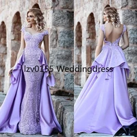 mermaid evening dresses glamorous lavender prom dress with overskirt beads lace applique zipper backless party gowns sexy