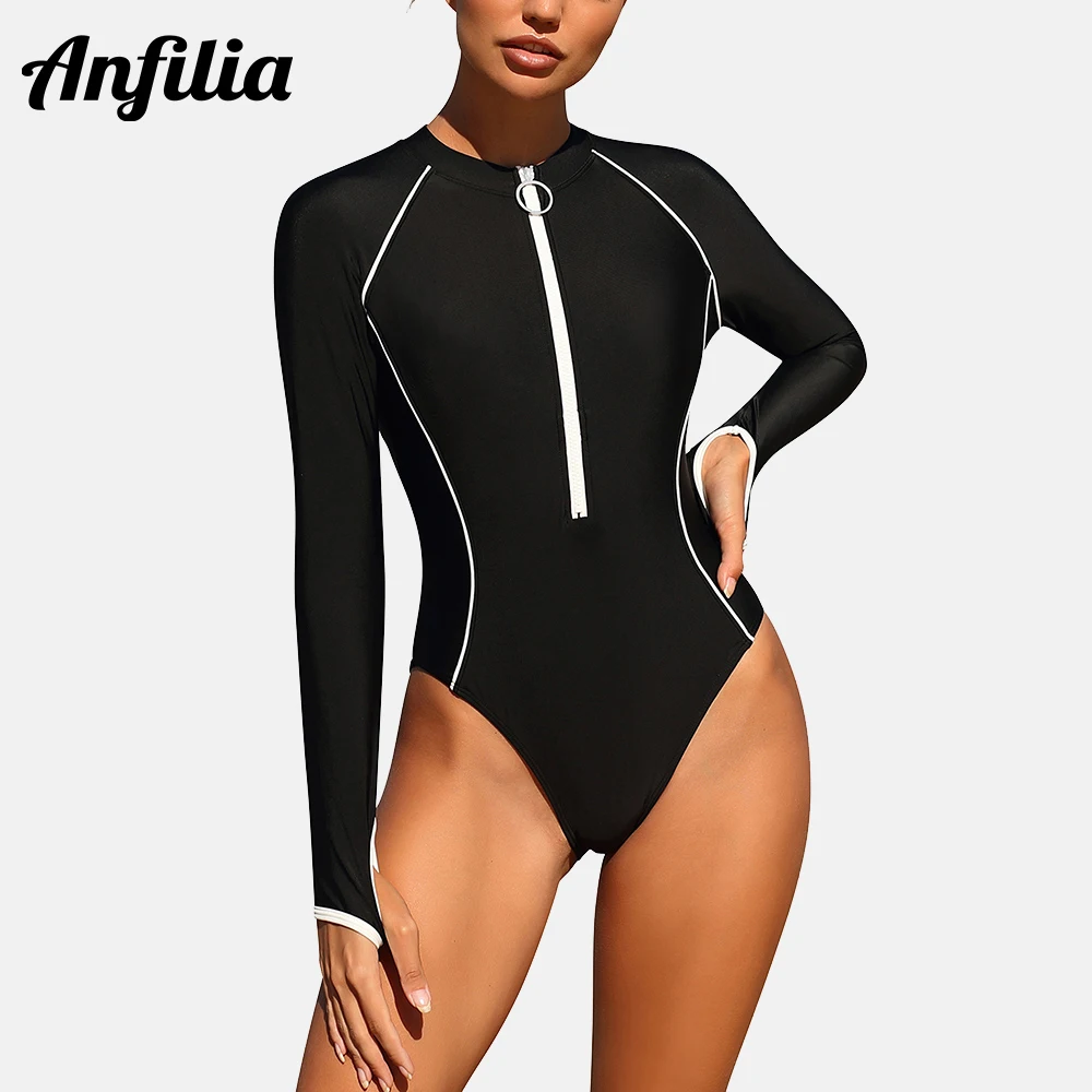 

Anfilia Women Keyhole Long Sleeve Rash Guard One Piece Swimsuit Front Zipper Swimwear Black High Cut Bikini Bathing Suit