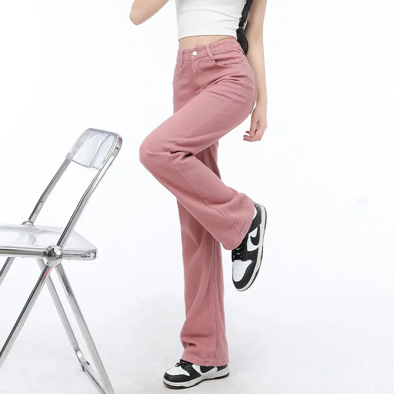 Jeans women's trousers pink summer 2023 casual new high waist straight leg versatile casual wide leg draped mop pants