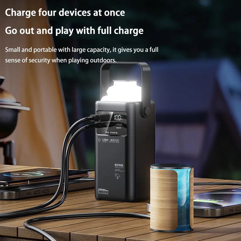 Фото 200000 мАч Power Bank большой емкости портативный уличный аварийный источник питания встроенный кабель Camping Iight для iPhone Samsung новый №5