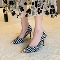 new sexy womens high heels womens stiletto houndstooth color matching metal pointed shoes wedding womens pumps size 34 42