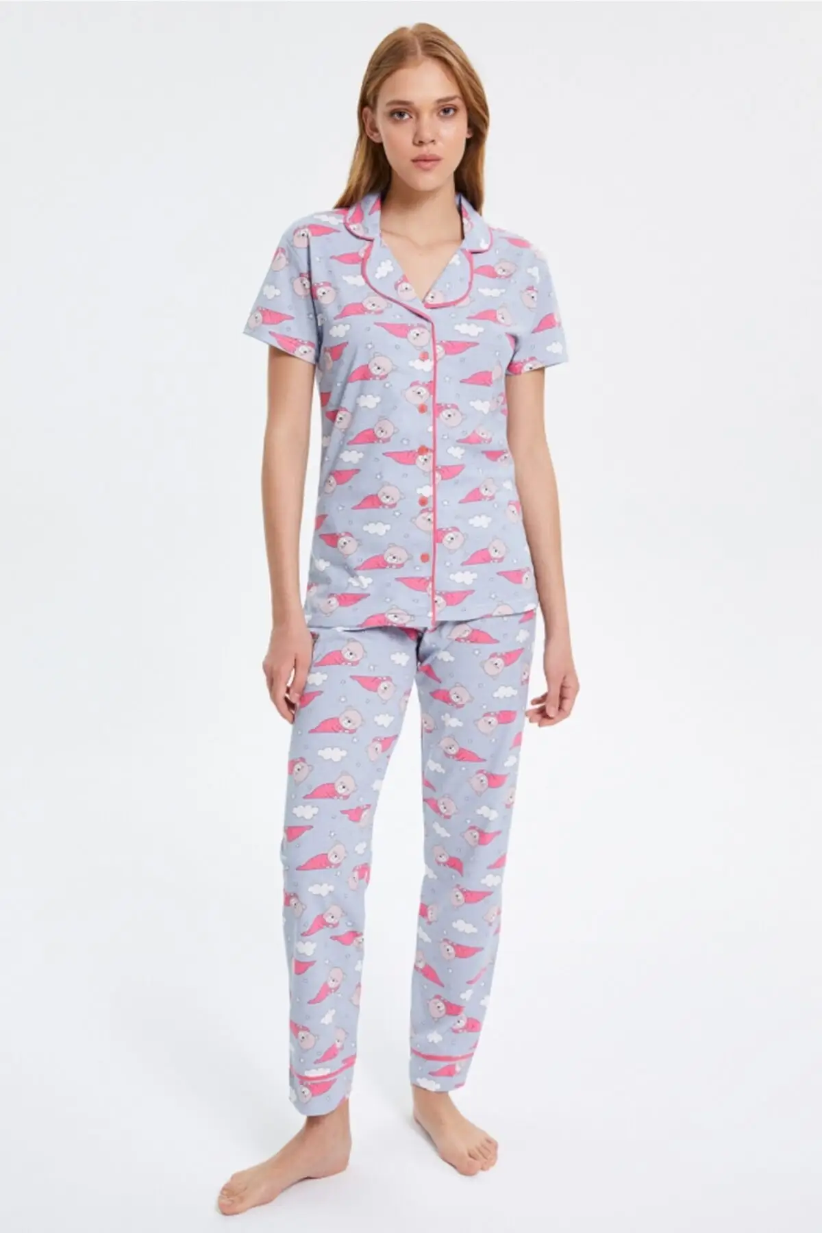 

Women's Pajamas Blue Patterned Buttoned Sleep Lounge Pajamas Nightwear Sleepwear Night Suit Casual Home Clothing