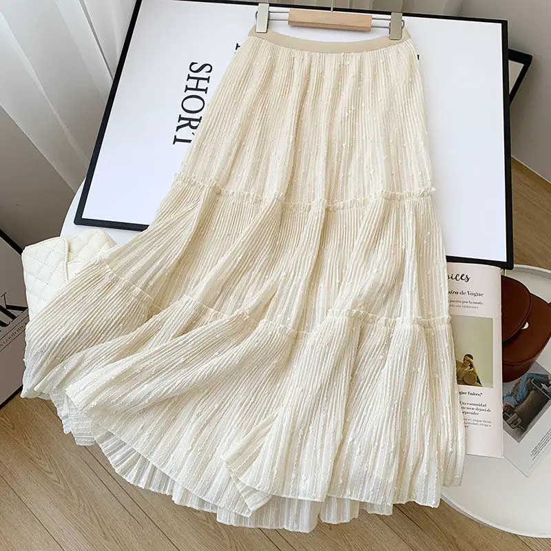 

2022 женские осенне-зимние Новые однотонные юбки с высокой талией, женские длинные свободные юбки средней длины, женские повседневные шифоно...