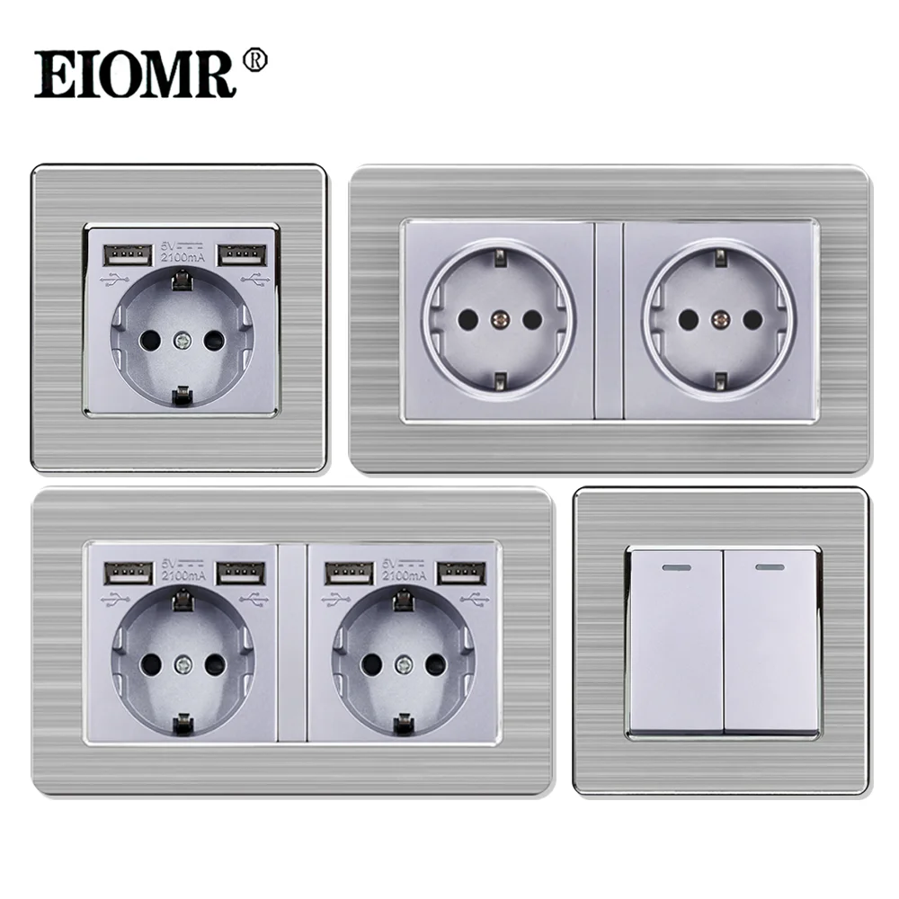 

EIOMR EU RU Wall Switch Socket with DC 5V 2.1A USB Type-c Charger Port Stainless Steel Panel Light Switch Power Outlet Silver