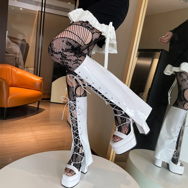 

High Fashion Ladies Hollow Out Summer Knee High Boots Sexy Peep Toe Dould Platform Chunky Heeled Party Dress Women's Shoes