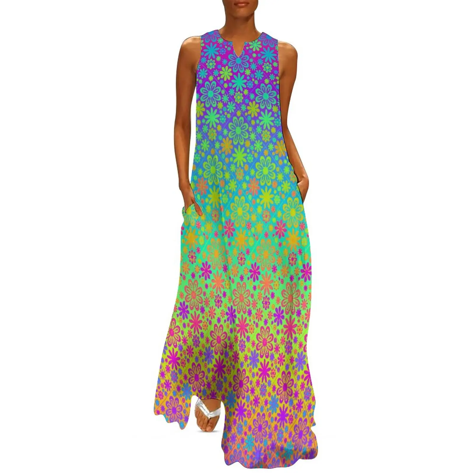 

Женское длинное платье с принтом маргариток, большие размеры