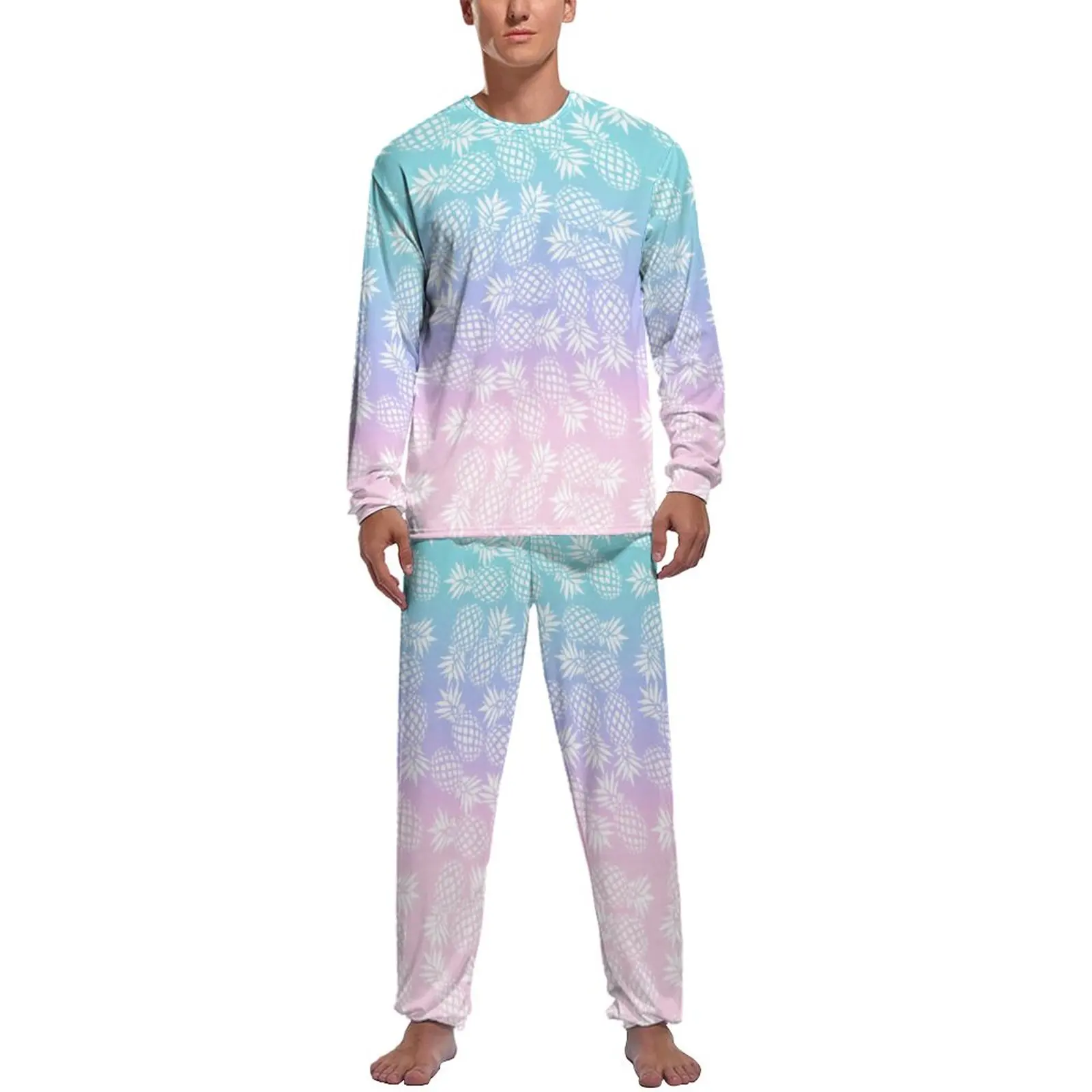 Funny Pineapple Pajamas Men Pink Blue Ombre Print Retro Nightwear Spring Long-Sleeve 2 Pieces Casual Design Pajama Sets