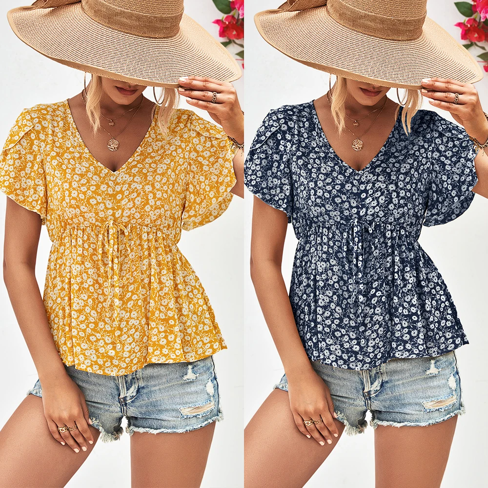 

Новинка 2023, Лидер продаж, рубашка в европейском и американском стиле с принтом, V-образным вырезом, перекрестными краями, кружевами и рюшами на рукавах