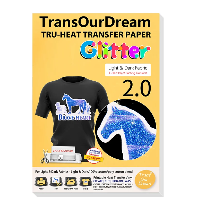 

TransOurDream A4 20Sheets Printable Glitter Blue 2.0 Iron on Heat Transfer Paper for Light& Dark Fabric T Shirts Inkjet Printer