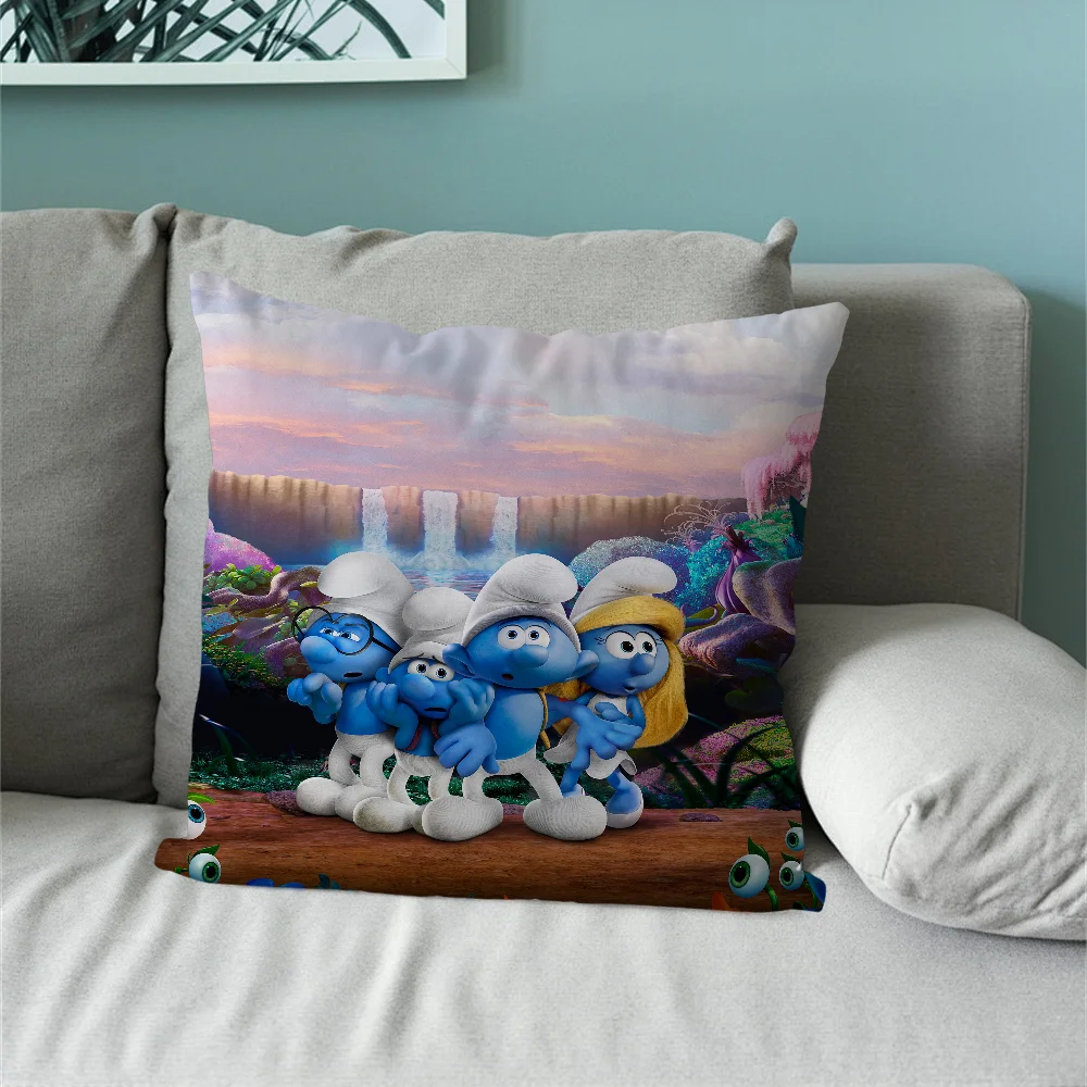 Classic Cartoon Blue Pillow Case Sofa Living Room Bedroom Headboard Backrest Cushion Square The S-Smurfs Nap Time