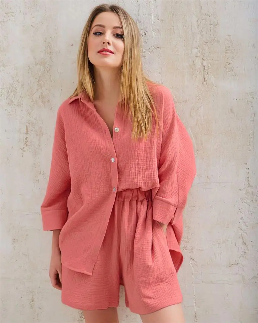 Women Cotton Pajamas Set Summer Home Clothes Nine Quarter Sleeve Loose Shorts Two-piece Solid Color Fashion Spring Loungewear