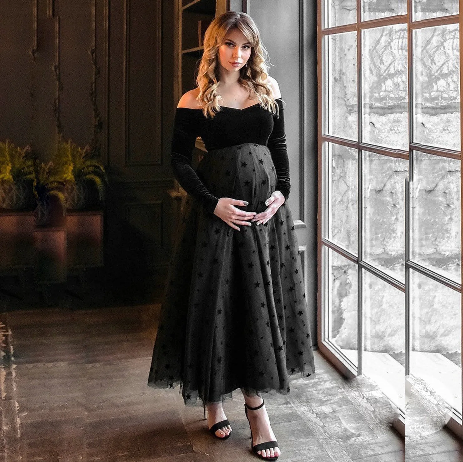 

Tulle Maternity Dress for Photo Shoot Pregnancy Long Golden Velvet Dress for Photography Baby Shower Dresses Maternity Dresses