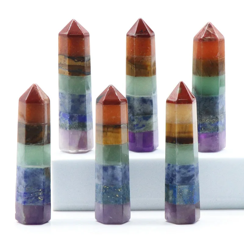 

Natural Crystal 7 Chakra Point Reiki Healing hexagonal column Amethyst Tiger eyes Lapis splicing Tower Energy Stone Home Decor