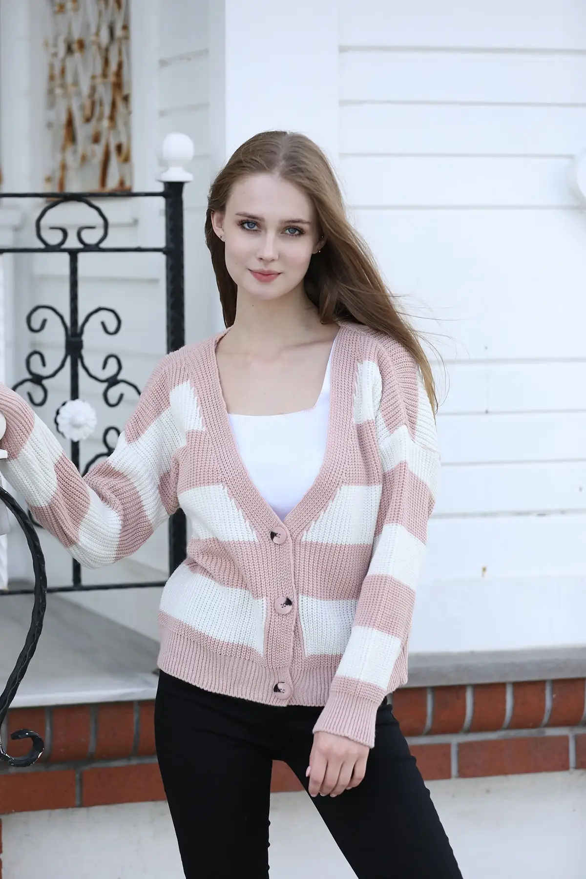

Women's Cardigan Powder Color Block sportswear Casual Knitted Quality Fashion Cardigan Sweaters Loose Sweater Sweater Jumper