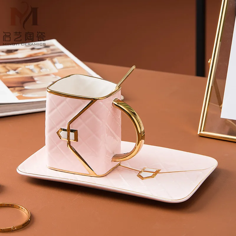 

Bag Shape Coffee Cup Kit Thick Texture with Coaster and Spoon Wear-Resistant Big Capacity Fine Porcelain 310ml Tea Mug