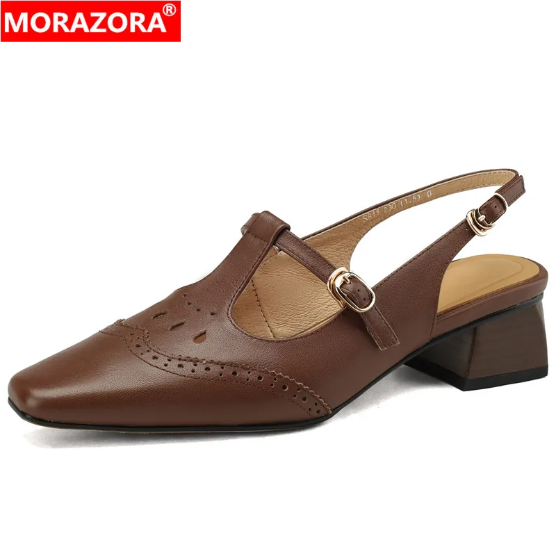 

Женские босоножки из натуральной кожи MORAZORA, черные босоножки из натуральной кожи, на ремешке сзади, с пряжкой, на среднем квадратном каблуке, лето 2023