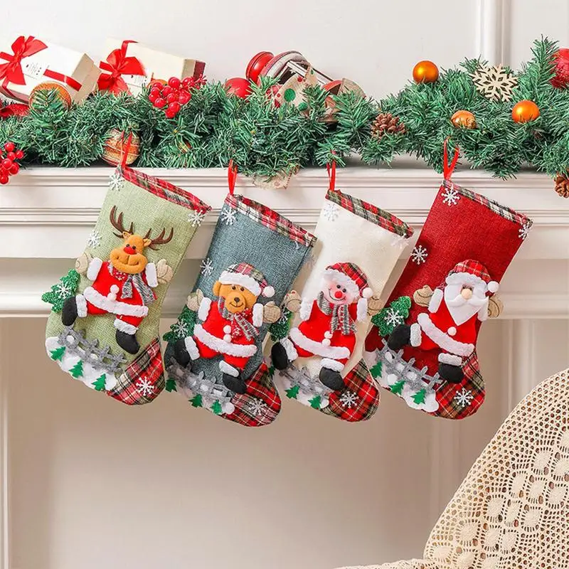 

4pcs Christmas Stockings Sack Xmas Gift Candy Bag Merry Christmas Socks Navidad New Year 2023 Fireplace Xmas Tree Ornaments
