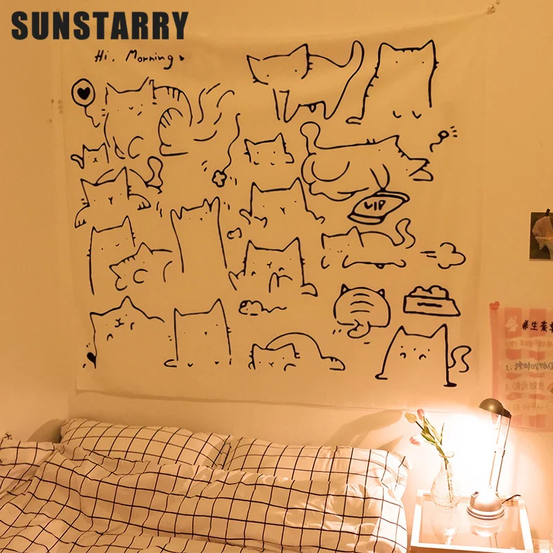 

Tapestry Wall Hanging Bedroom Kawaii Room Decor Cat Girl Kids White Blanket Background Cute Tapiz Pared Гобелен На Стену Gobelin