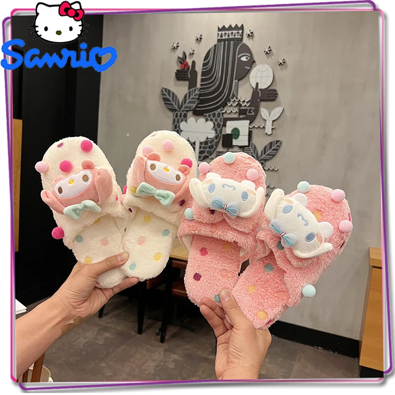 

New Sanrio Melody Kuromi Cinnamoroll Colorful Plush Soft Sole Slippers Y2K Women's Autumn and Winter Home Warm Cotton Slippers