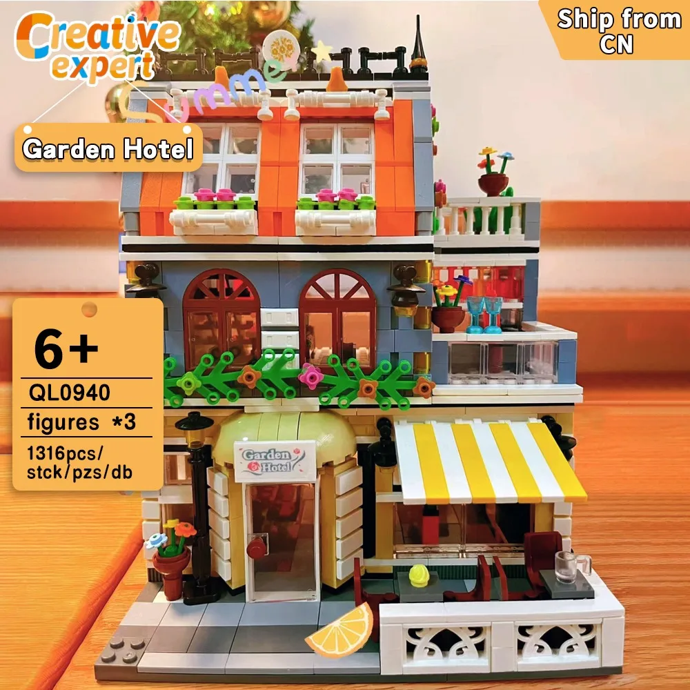 

QL0940 1316pcs Creative Expert Moc Garden Hotel Street Views Brick Modular House Model Building Blocks Toys Gift Boutique Hotel