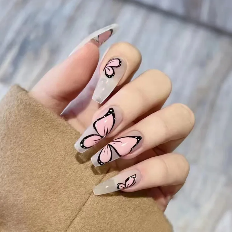 

24Pcs/Box Long Coffin Press On Nails Square Butterfly Fake Nails Press On Acrylic Nails Long False Nails Set Press On Nail Art