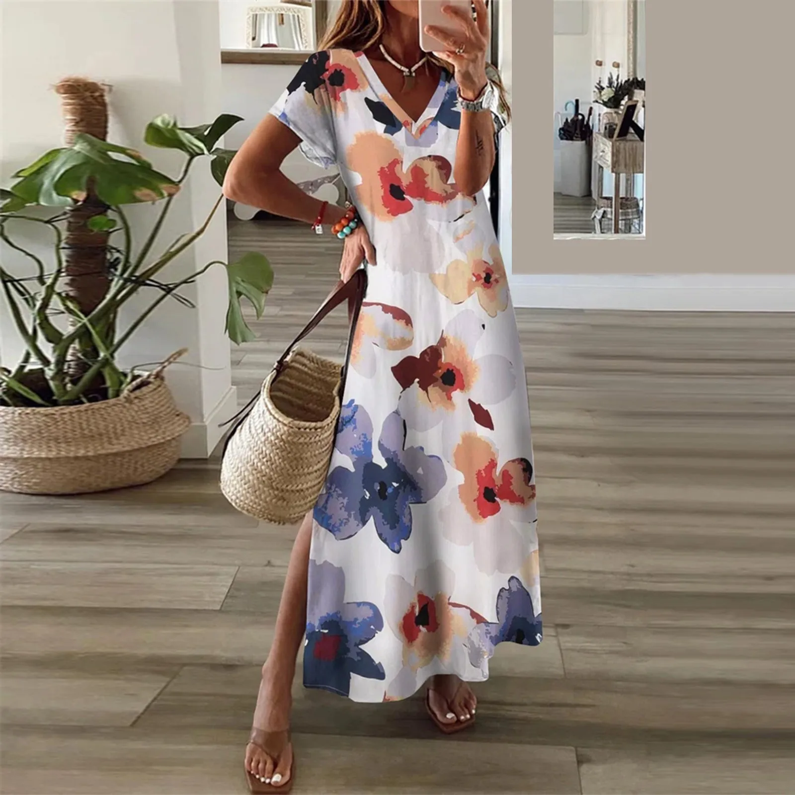 

Женское Повседневное платье с цветочным принтом, винтажное Длинное свободное платье макси с V-образным вырезом, коротким рукавом и разрезом, весна-лето