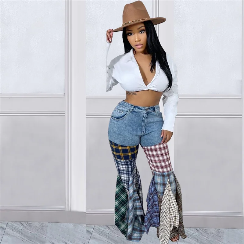 Jeans Flare Pants Denim Plaid Patchwork Ruffle Pants Women High Waist Button Fly Slim Boot Cut Denim Trousers Streetwear Capris