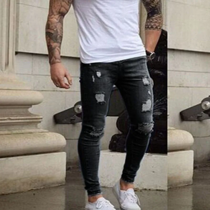 

High Quality New White Frayed Small Feet Slim Jeans European And American Men's Skinny Jeans